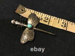 Vintage Fred Harvey Era Navajo Turquoise Dragonfly Sterling Silver Pin