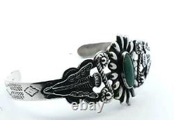 Vintage Fred Harvey Era, Oval Green Turquoise Cuff Bracelet 7 Inch Wrist