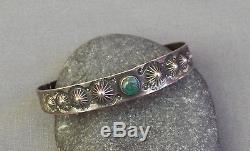 Vintage Fred Harvey Era Silver Embossed Stamped Green Turquoise Cuff Bracelet