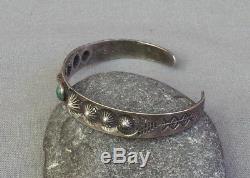 Vintage Fred Harvey Era Silver Embossed Stamped Green Turquoise Cuff Bracelet