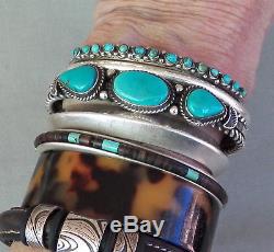 Vintage Fred Harvey Era Silver Snake Eye Petit Point Turquoise Row Cuff Bracelet