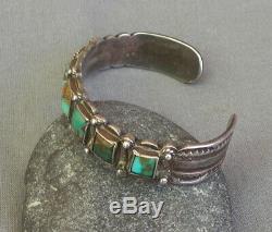 Vintage Fred Harvey Era Silver Square Green Turquoise Cuff Bracelet 38.1 Grams