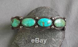 Vintage Fred Harvey Era Silver Stamped Blue Green Turquoise Row Cuff Bracelet