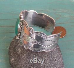 Vintage Fred Harvey Era Silver Stamped Green Turquoise Cuff Bracelet 47.8 Grams