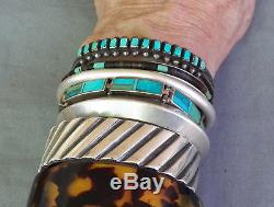 Vintage Fred Harvey Era Silver Stamped Squared Turquoise Row Cuff Bracelet