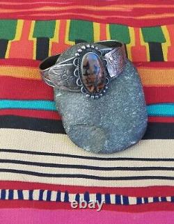 Vintage Fred Harvey Era Stamped Birds Coin Silver Petrified Wood Cuff Bracelet