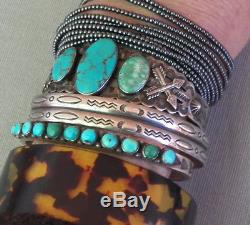 Vintage Fred Harvey Era Stamped Silver 3 Turquoise Crossed Arrow Cuff Bracelet