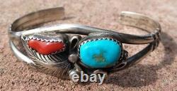 Vintage Fred Harvey Era Sterling Silver Turquoise Red Coral Cuff Sign K8 16.8G