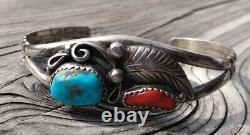 Vintage Fred Harvey Era Sterling Silver Turquoise Red Coral Cuff Sign K8 16.8G