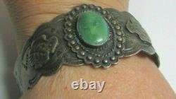 Vintage Fred Harvey Era Sterling Silver Turquoise Thunderbird Cuff Bracelet