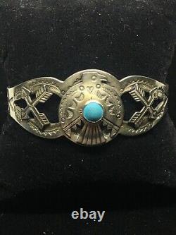 Vintage Fred Harvey Era Thunderbird Arrows Turquoise Sterling Silver Bracelet