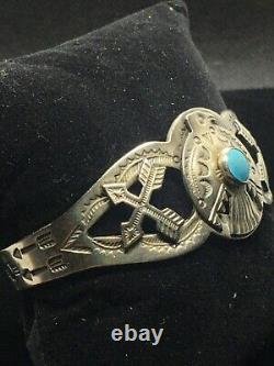 Vintage Fred Harvey Era Thunderbird Arrows Turquoise Sterling Silver Bracelet