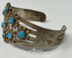Vintage Fred Harvey Era Zuni Sterling Silver Turquoise Petit Point Cuff Bracelet