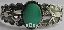 Vintage Fred Harvey Indian Applied Horses Silver Green Turquoise Bracelet