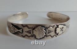 Vintage Fred Harvey Navajo Indian Chief Teepee Arrowhead Silver Cuff Bracelet