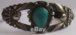 Vintage Fred Harvey Navajo Indian Repousse Silver & Turquoise Cuff Bracelet