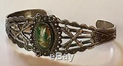 Vintage Fred Harvey Navajo Indian Silver Green Turquoise Arrows Cuff Bracelet