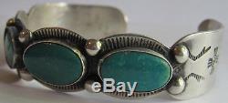 Vintage Fred Harvey Navajo Indian Stamped Designs Silver Turquoise Cuff Bracelet
