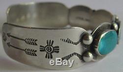 Vintage Fred Harvey Navajo Indian Stamped Designs Silver Turquoise Cuff Bracelet