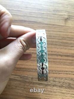 Vintage Fred Harvey Navajo Sterling Silver Inlaid Turquoise Coral Cuff Bracelet