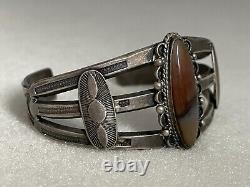 Vintage Fred Harvey Navajo Sterling Silver Petrified Wood Agate Stamped Bracelet