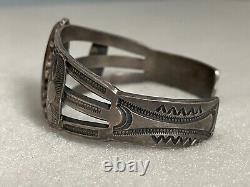 Vintage Fred Harvey Navajo Sterling Silver Petrified Wood Agate Stamped Bracelet