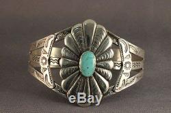 Vintage Fred Harvey Old Navajo Designs Turquoise Sterling Silver Bracelet 1940