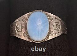 Vintage Fred Harvey Silver Blue Star Glass Stone Stamped Cuff Bracelet