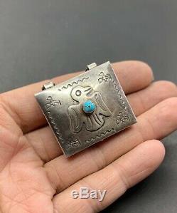 Vintage Fred Harvey Southwestern Sterling Silver Turquoise Thunderbird Pill Box