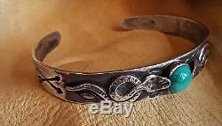 Vintage Fred Harvey Turquoise Coin Whirling Log Applied Snakes Arrows Bracelet