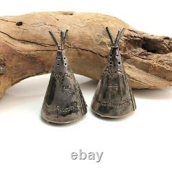 Vintage Fred Harvey era sterling silver Native American Teepee salt and pepper s