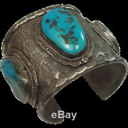 Vintage HEAVY NAVAJO Fred Harvey Sterling Silver Turquoise Bracelet Size 7-1/4