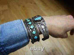 Vintage Harvey Era Navajo Sterling Silver Turquoise Cuff Bracelet Large Size