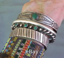 Vintage Indian Silver Stamped Fred Harvey Era Green Turquoise Cuff Bracelet