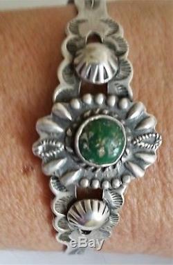 Vintage NAVAJO Sterling Silver FRED HARVEY ERA CONCHO TURQUOISE Cuff Bracelet
