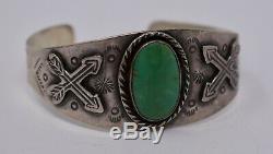 Vintage Native Am. Fred Harvey Sterling Silver Turquoise Cuff Snakes/Arrows 6.5
