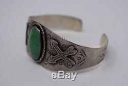 Vintage Native Am. Fred Harvey Sterling Silver Turquoise Cuff Snakes/Arrows 6.5