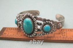 Vintage Native American Fred Harvey Era Stamped Silver Turquoise Cuff Bracelet