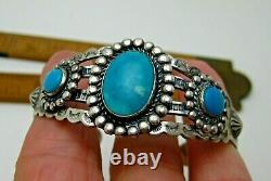 Vintage Native American Fred Harvey Era Stamped Silver Turquoise Cuff Bracelet