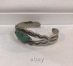 Vintage Native American Fred Harvey Era Turquoise Silver Stamped Details Cuff