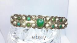 Vintage Native American Turquoise COIN Silver Cuff Bracelet Stamped. Fred Harvey