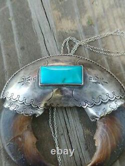 Vintage Native American Turquoise Naja Claw Sterling Silver PendantFred Harvey