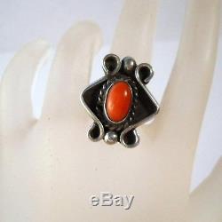 Vintage Navajo Classic Fred Harvey Coral and Sterling Silver Ring Sz 5.5 1960's