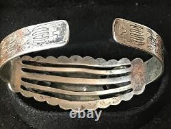 Vintage Navajo Coin Silver Turquoise Stamped Appliqué Fred Harvey Era Bracelet