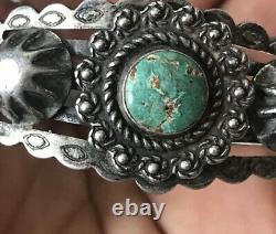 Vintage Navajo Coin Silver Turquoise Stamped Appliqué Fred Harvey Era Bracelet