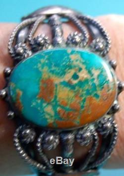 Vintage Navajo FRED HARVEY ERA GREEN BLUE TURQUOISE Sterling SIlver Bracelet