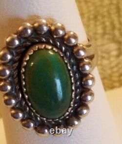 Vintage Navajo Fred Harvey Era Green Turquoise Sterling Silver Ring Sz 5.5. A+