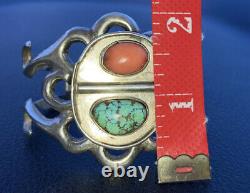 Vintage Navajo Old Pawn Sterling Silver Turquoise Coral Bracelet Fred Harvey Era