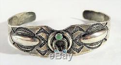 Vintage Old Navajo Fred Harvey Era Sterling Silver Turquoise Naja Cuff Bracelet