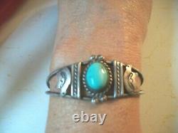 Vintage Old Pawn Fred Harvey Native American Turq Cuff Bracelet With 2 Bears